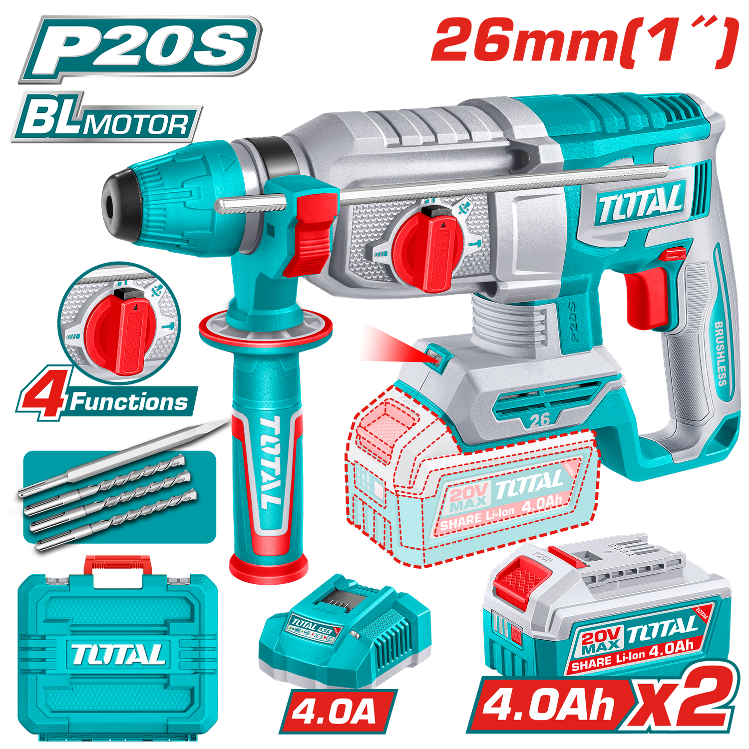 TOTAL Cordless Rotary Hammer – 20V | TRHLI262085