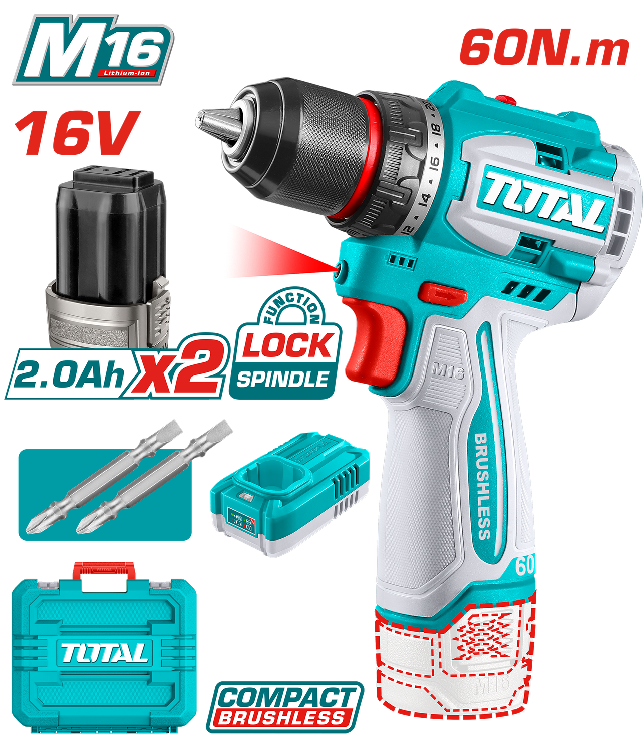 TOTAL 16V Brushless Cordless Drill Driver Kit- TDLI16606
