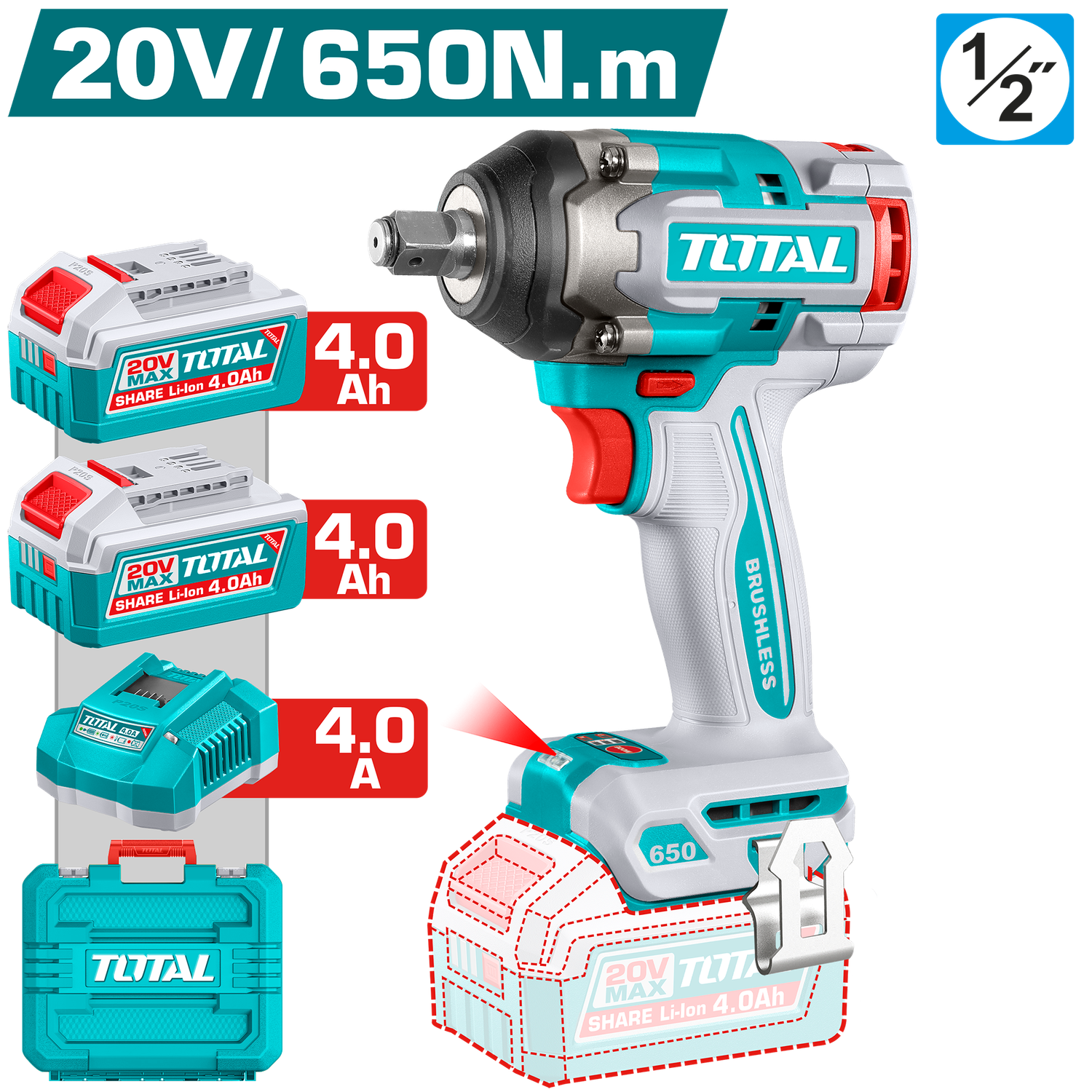 TOTAL 20V Brushless Cordless Impact Wrench 650Nm TIWLI2065