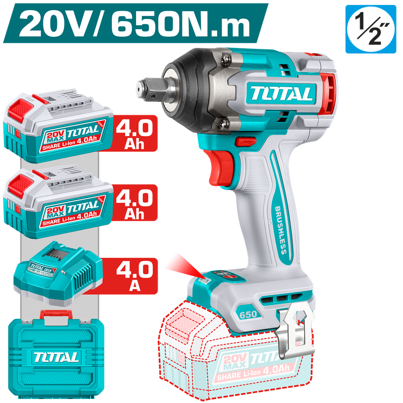 TOTAL 20V Brushless Cordless Impact Wrench 650Nm TIWLI2065