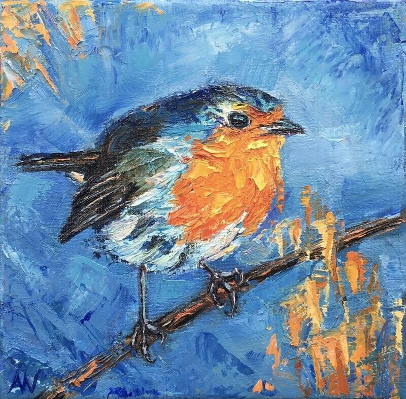 ROBIN ON BLUE/TURQUOISE | Certified Art Giclée