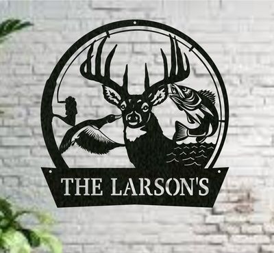 Wildlife themed name sign with deer, duck, fish cutouts on 14-gauge steel in black powder coat color