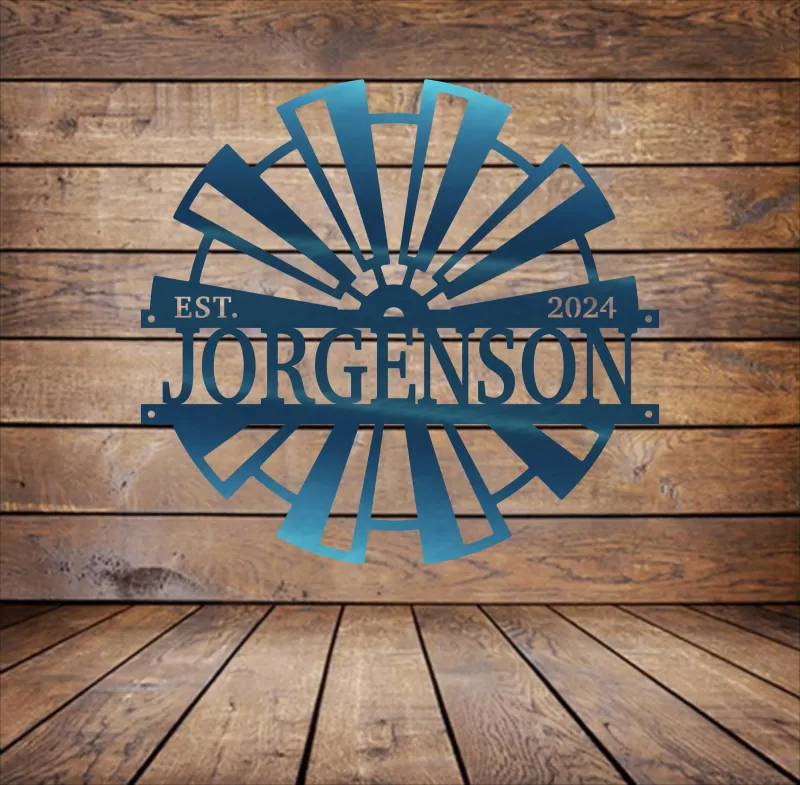 Custom Metal Windmill Sign: Personalized Family Name Outdoor Decor with Established Year, Perfect for Weddings or Housewarming Gifts.