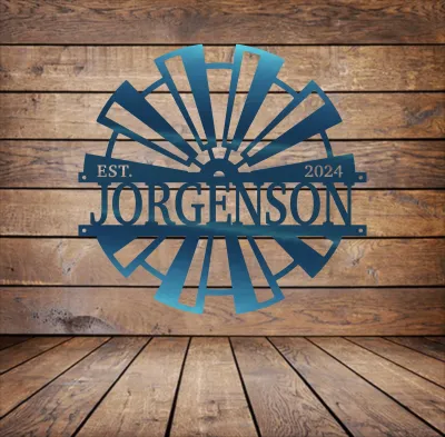 Custom Metal Windmill Sign: Personalized Family Name Outdoor Decor with Established Year, Perfect for Weddings or Housewarming Gifts.