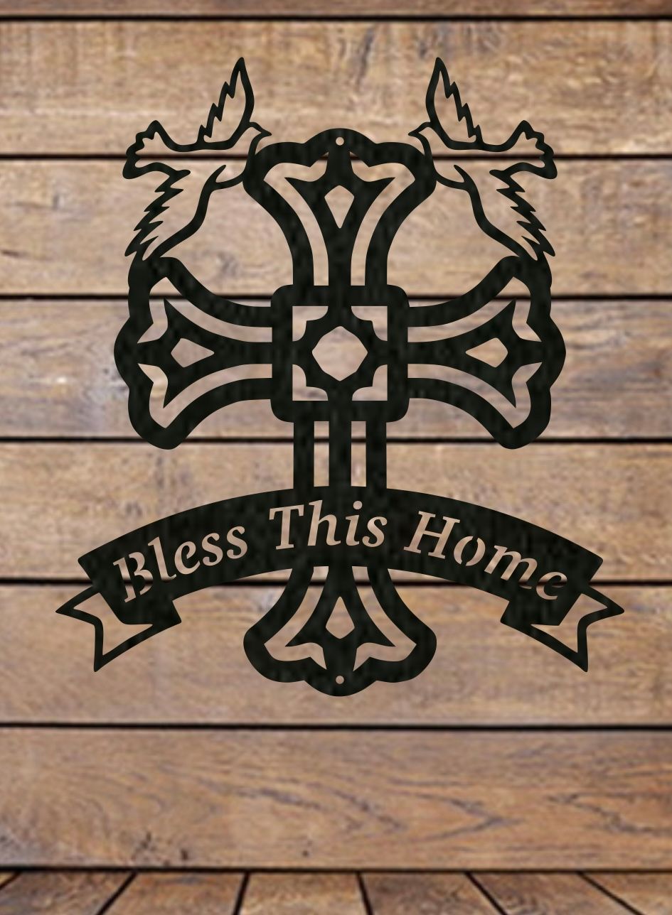 Religious wall décor “Bless This Home” cross metal sign