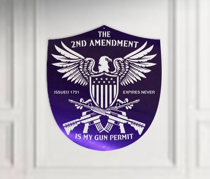 Patriotic metal wall art, 2nd Amendment Never Expires, AR style, blue finish