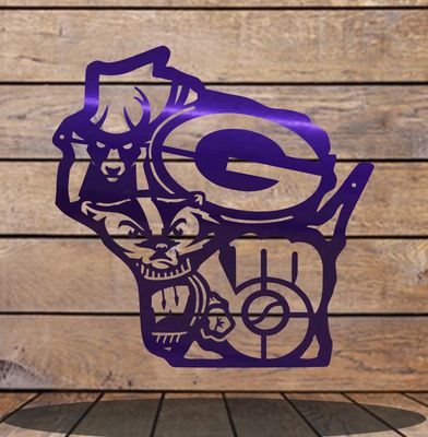 Wisconsin sports metal wall art featuring Packers Bucks Brewers Badgers on 14-gauge steel blue powder coat
