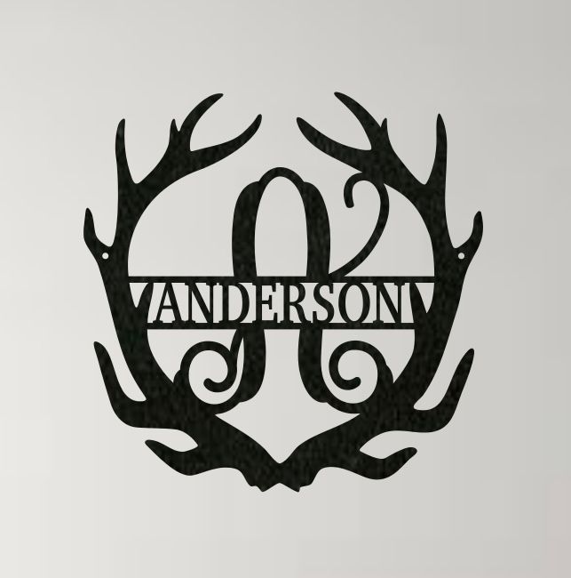 Rustic antler monogram wall art metal sign personalized name black