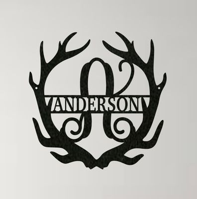 Rustic antler monogram wall art metal sign personalized name black