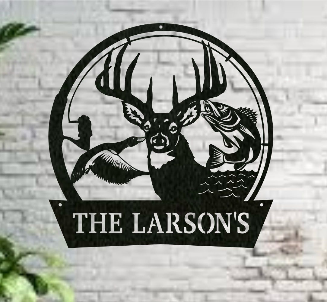 Wildlife themed name sign with deer, duck, fish cutouts on 14-gauge steel in black powder coat color
