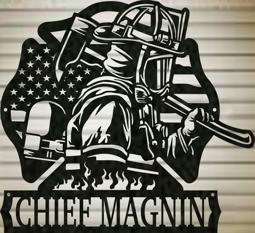 Close-up of a black firefighter metal sign with American flag, Maltese cross, and personalized CHIEF MAGNIN lettering.