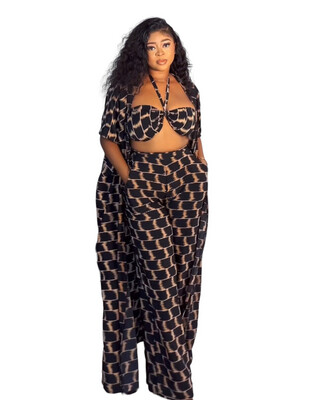 Halter Tie Backless Crop Top, Wide Leg Trouser &amp; Kimono Set 3pcs