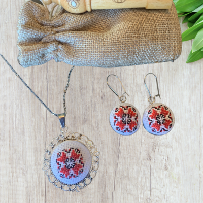 Model “ Lyudmila “  Earrings And Pendant Set. Handmade Bulgarian Shevitza Embrodery