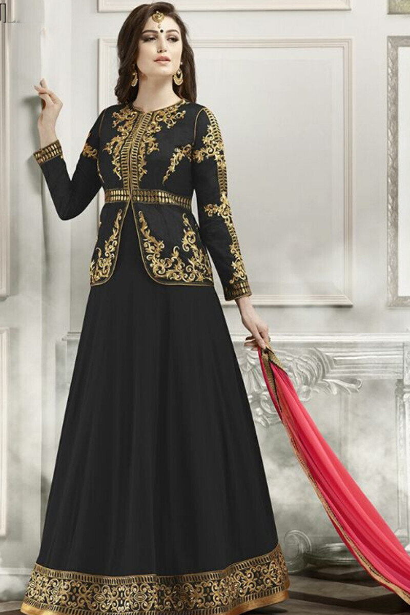 Black Embroidered Semi-Stitched Salwar Suit for women