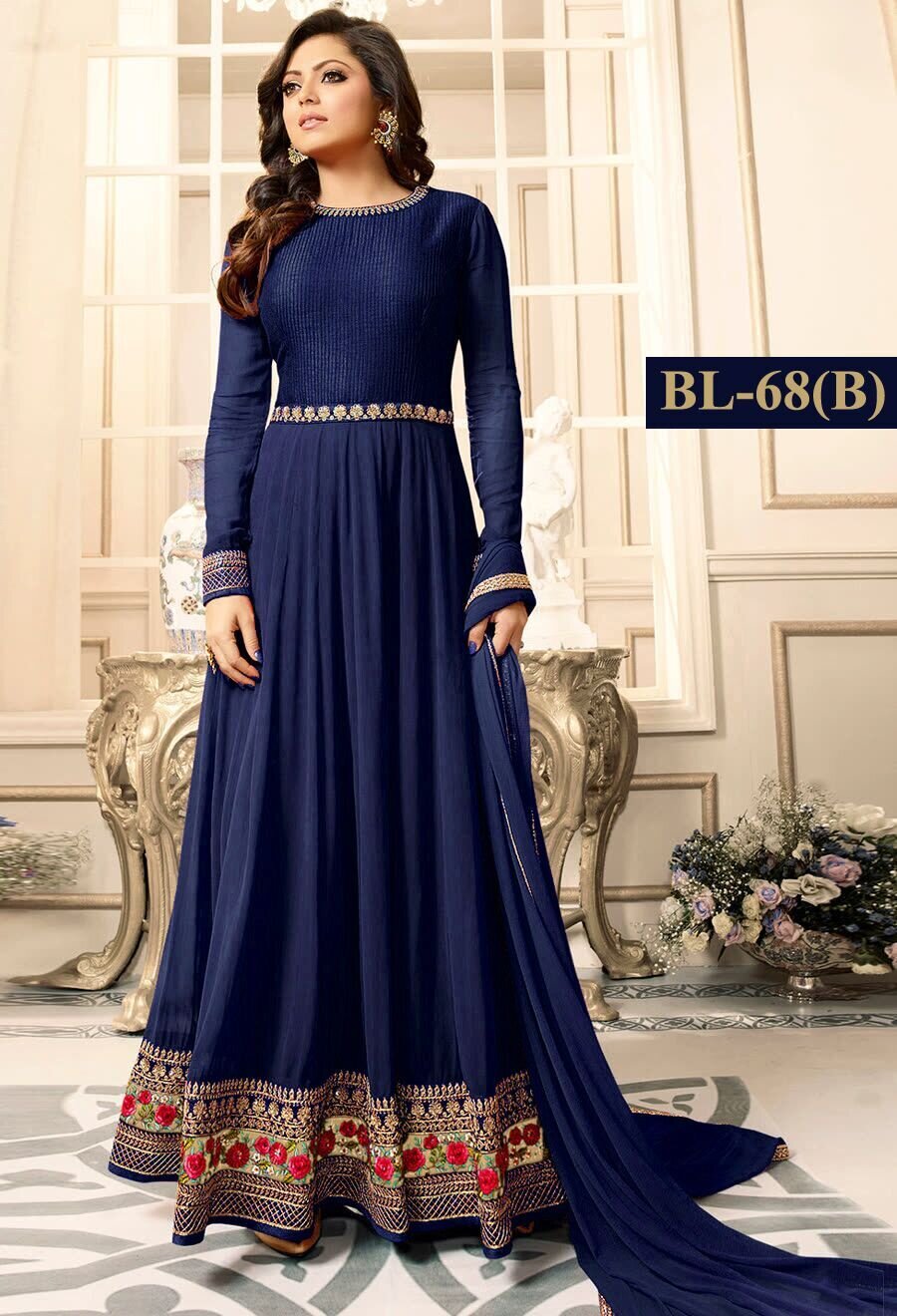 Admiring Navy Blue With Floral Embroidery Anarkali Suit
