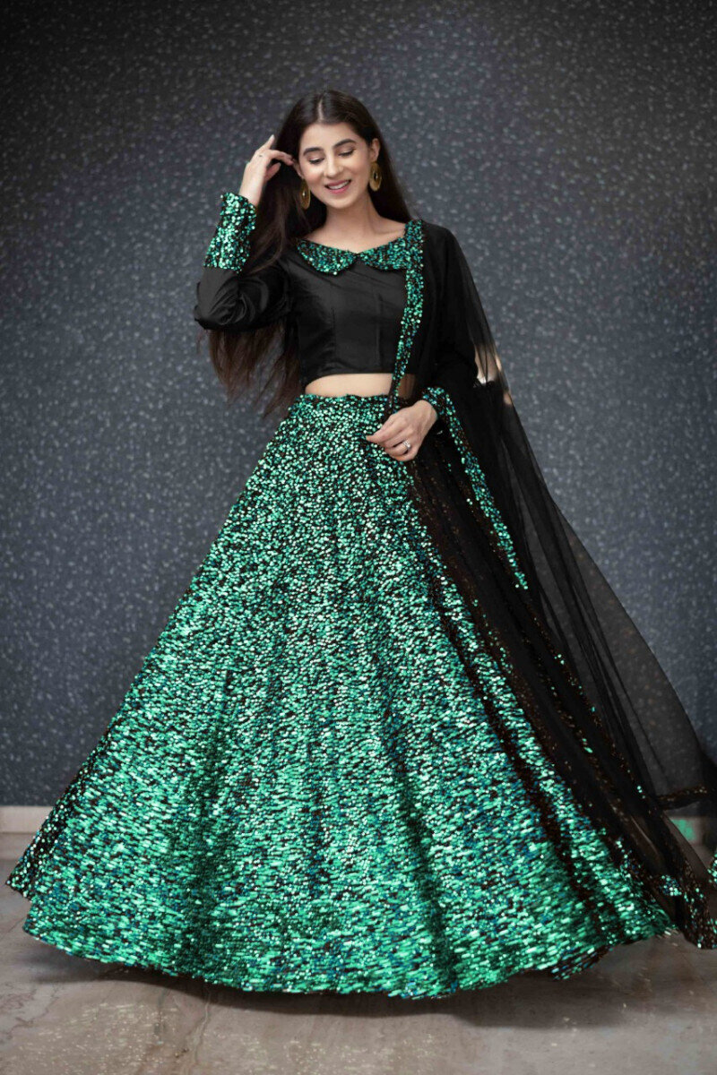 Trendy Teal Green And Black Color Party Wear Lehenga Design