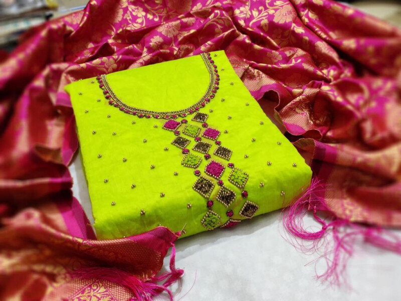 Exclusive Chanderi With Hand Work Dress Material
