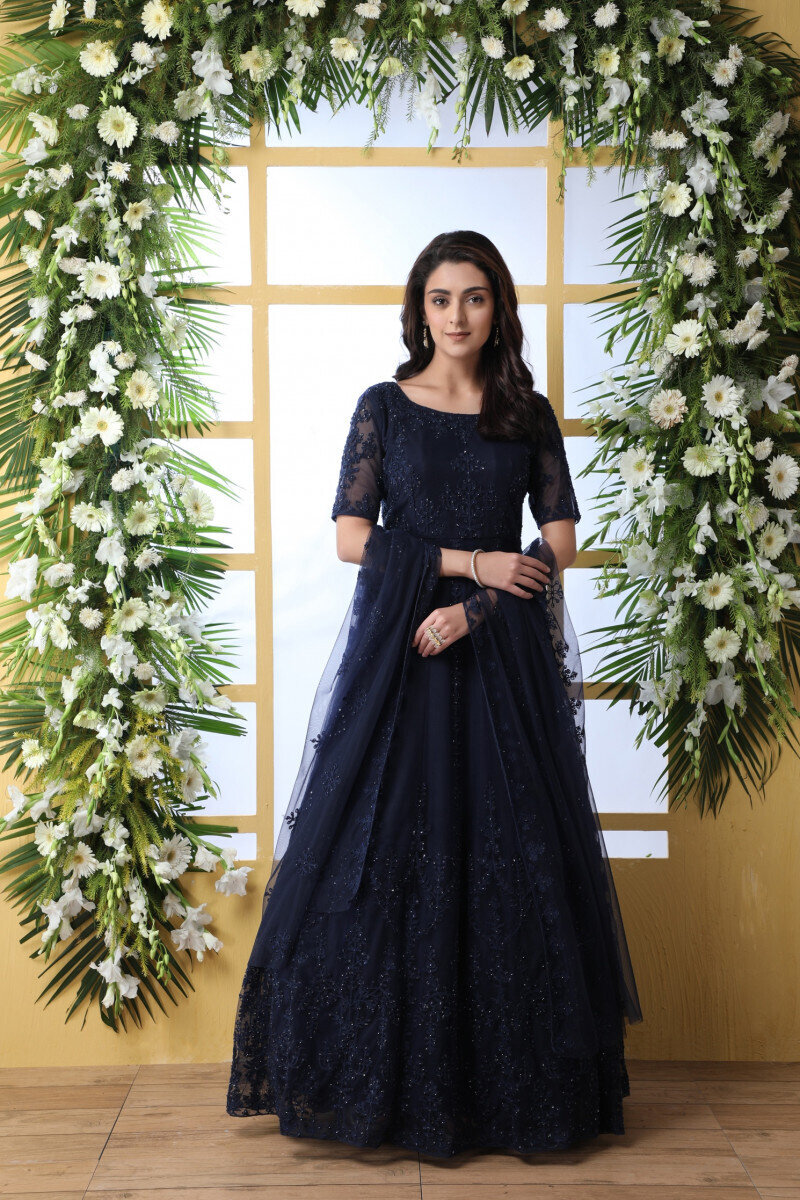 Admiring Navy Blue Net Gown with Hand Work