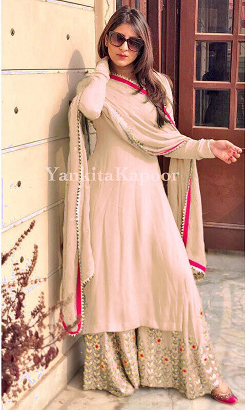 Adorable Georgette Top Beige With Embroidered Stitch Plazzo Set