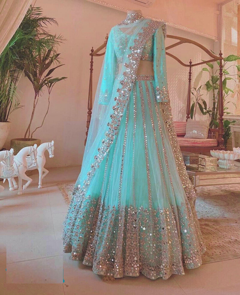 Stylish Wedding Wear Sky Blue Foil Mirror Work Lehenga Choli