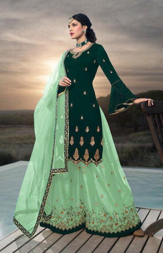 Modish Heavy Faux Georgette Embroidered Green Sharara Suit