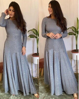 Unique Latest Yankita Kapoor Grey Color Long Suit With Palazzo