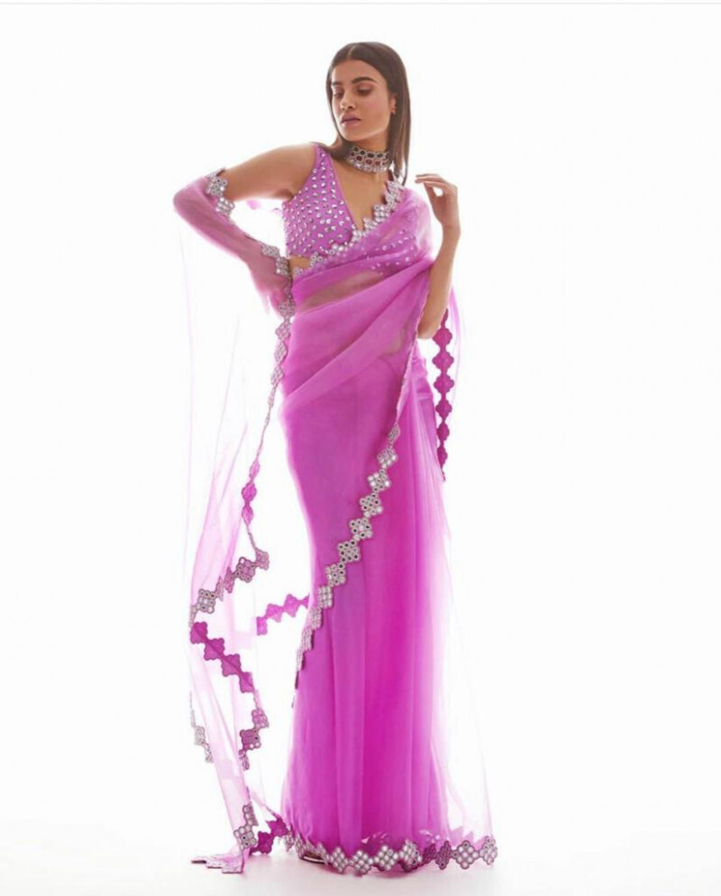 Stylish Pink Party Wear Saree With Designer Blouse