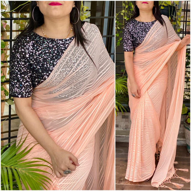 Gorgeous Peach Saree With Black Sequence Blouse