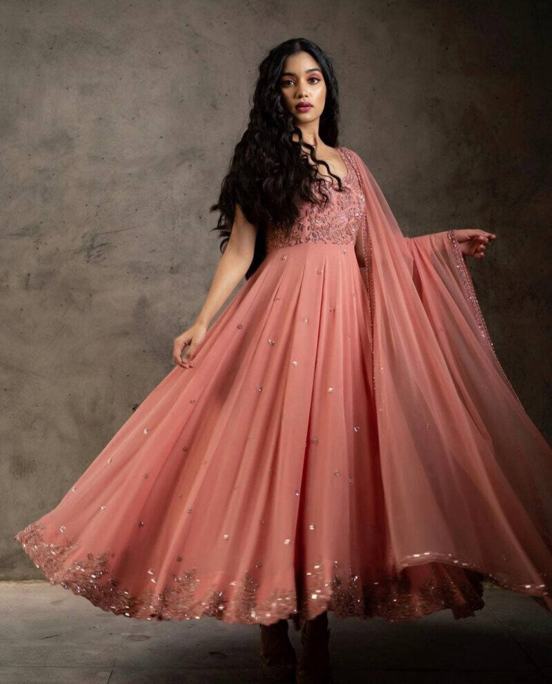 Buy Peach Georgette Long Gown With Dupatta