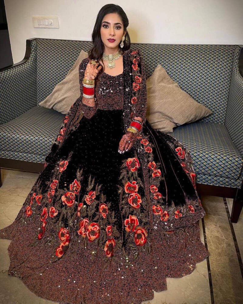 Designer Black Velvet Sequin Embroidered Gown