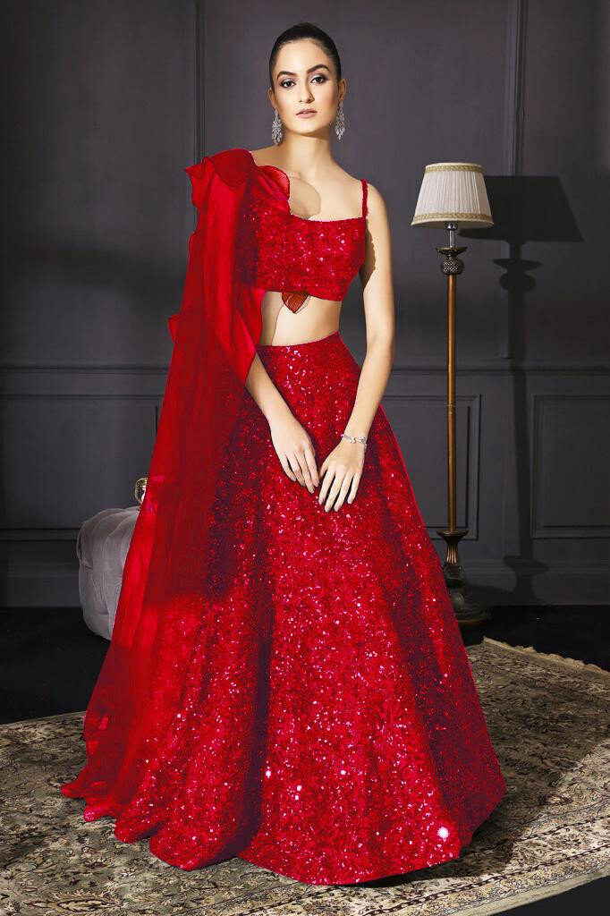 Alluring Red Full Sequence Party Wear Lehenga Choli