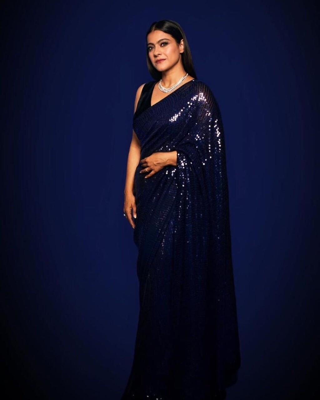 Kajol Devgan Wear Navy Blue Sequence Bollywood Saree