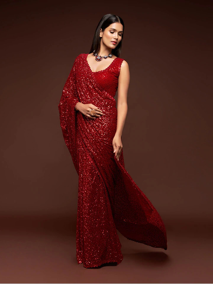 Latest Red Designer Sequin Saree