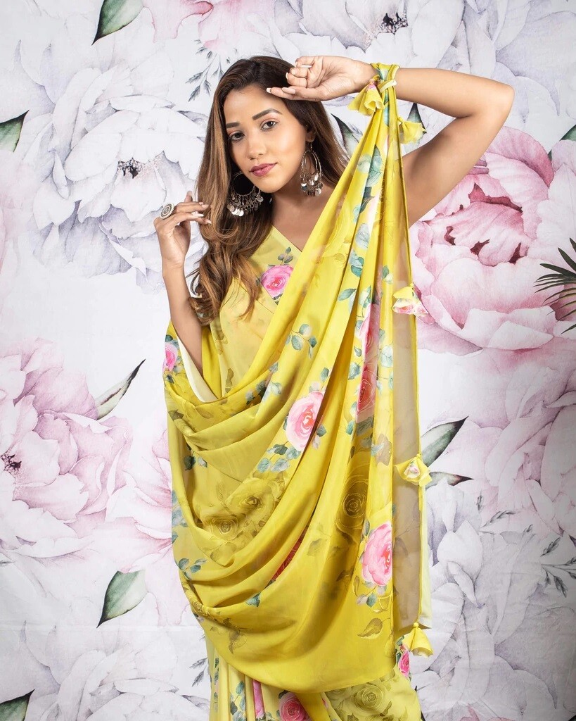 Yellow Printed Floral Saree Party Wear