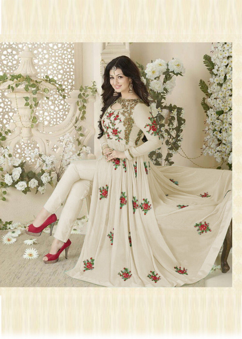 Ayesha Takia Designer Beautiful Off White Flower Printed Long Anarkali Suit