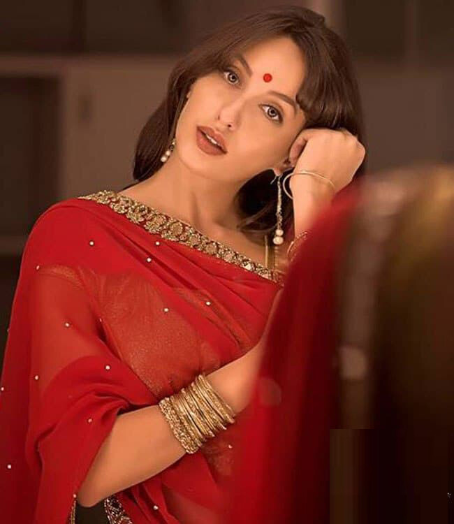 Nora Fatehi Red Bollywood Saree