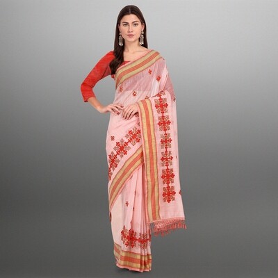 Woman Adoring Pink Cotton Silk Saree