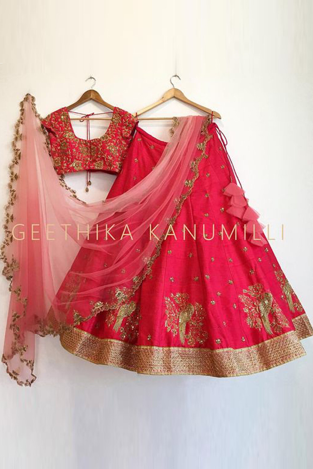 Bollywood Red Sparrow Embroidery Design Lehenga Choli