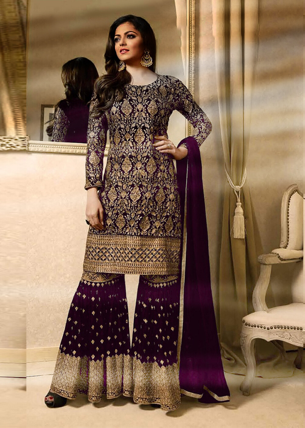 Drashti Dhami Purple Georgette Sharara Style Palazzo Suit