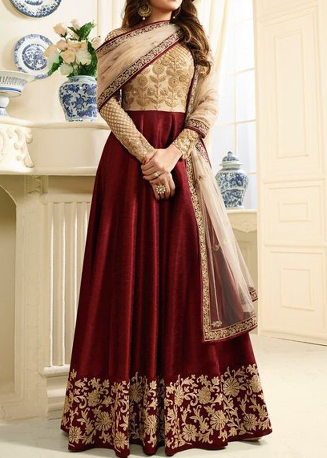 Designer Fancy Maroon Embroidered Gown