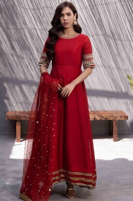 Red Color Stone Work Anarkali Suit
