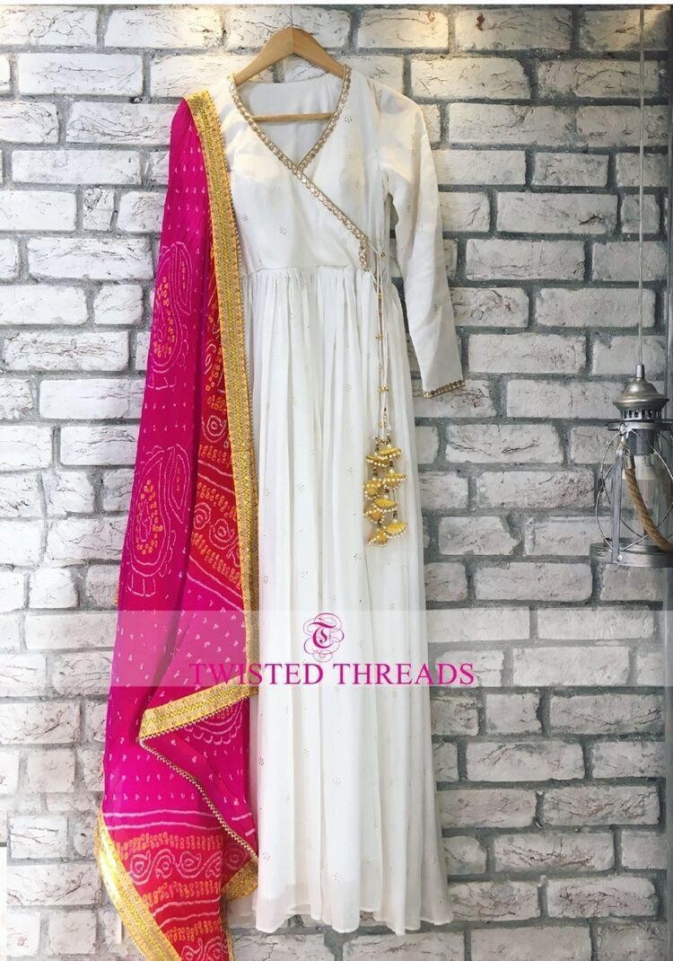 Admirable White Designer Long Gown With Bandhej Dupatta