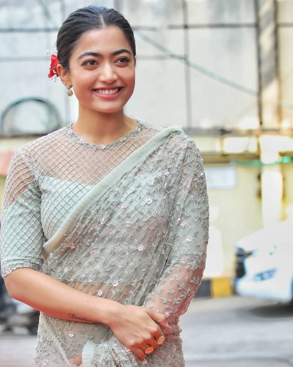 Rashmika Mandanna Wear Pastel Green Net Saree