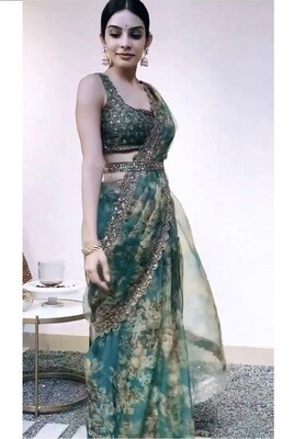 Party Wear Green Organza Saree With Cording Sequence Work
