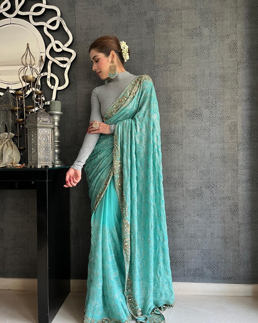 French Crepe Latest Arctic Color Saree