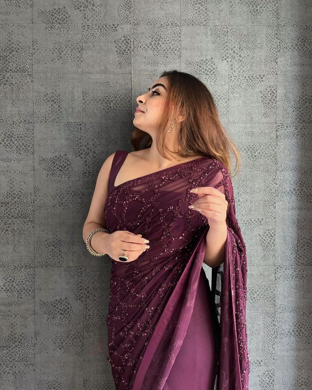 Stylish Wine Colored Party Wear Sequence Saree