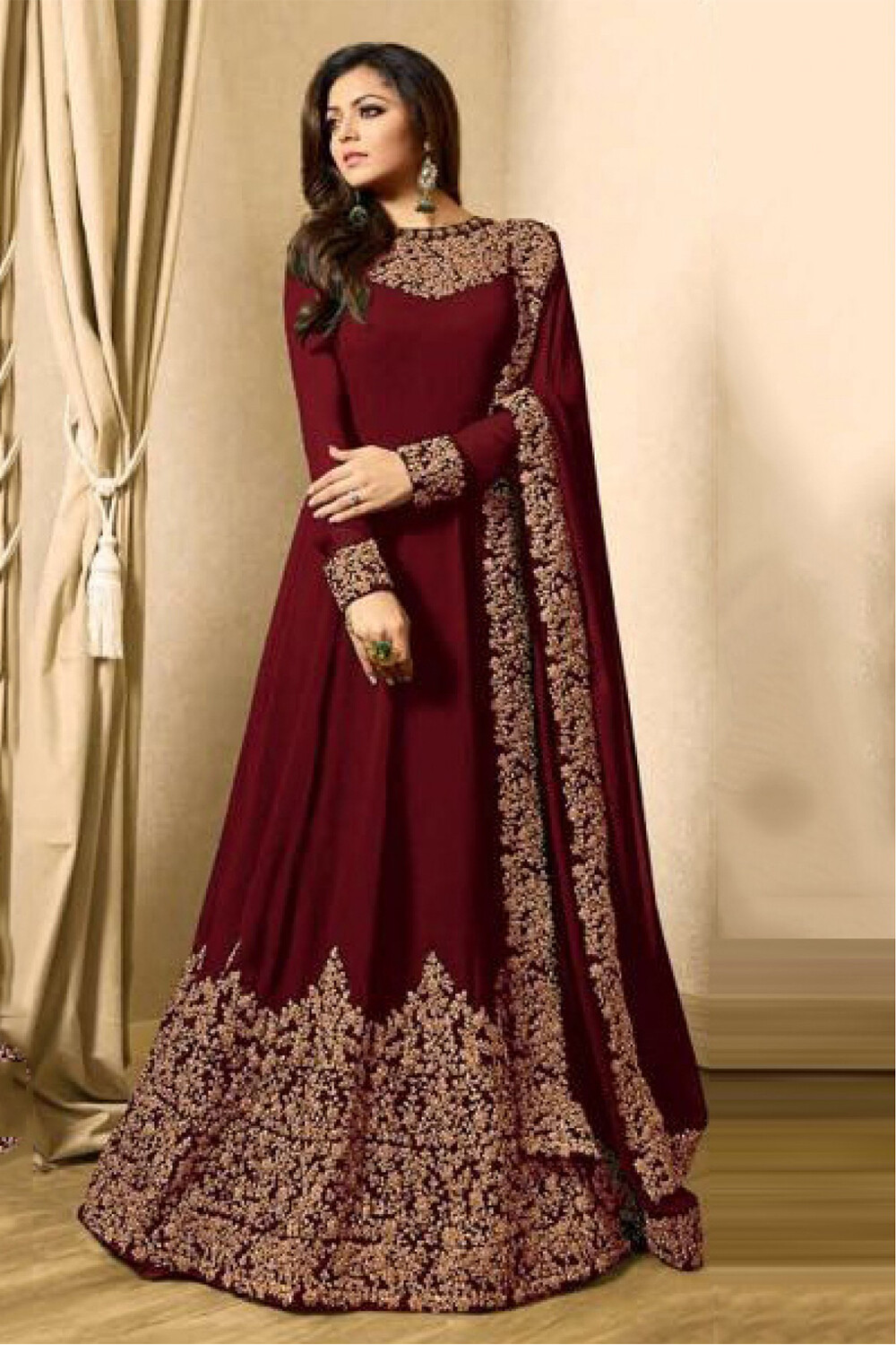 Drashti Dhami Faux Georgette Anarkali Suit In Maroon Colour