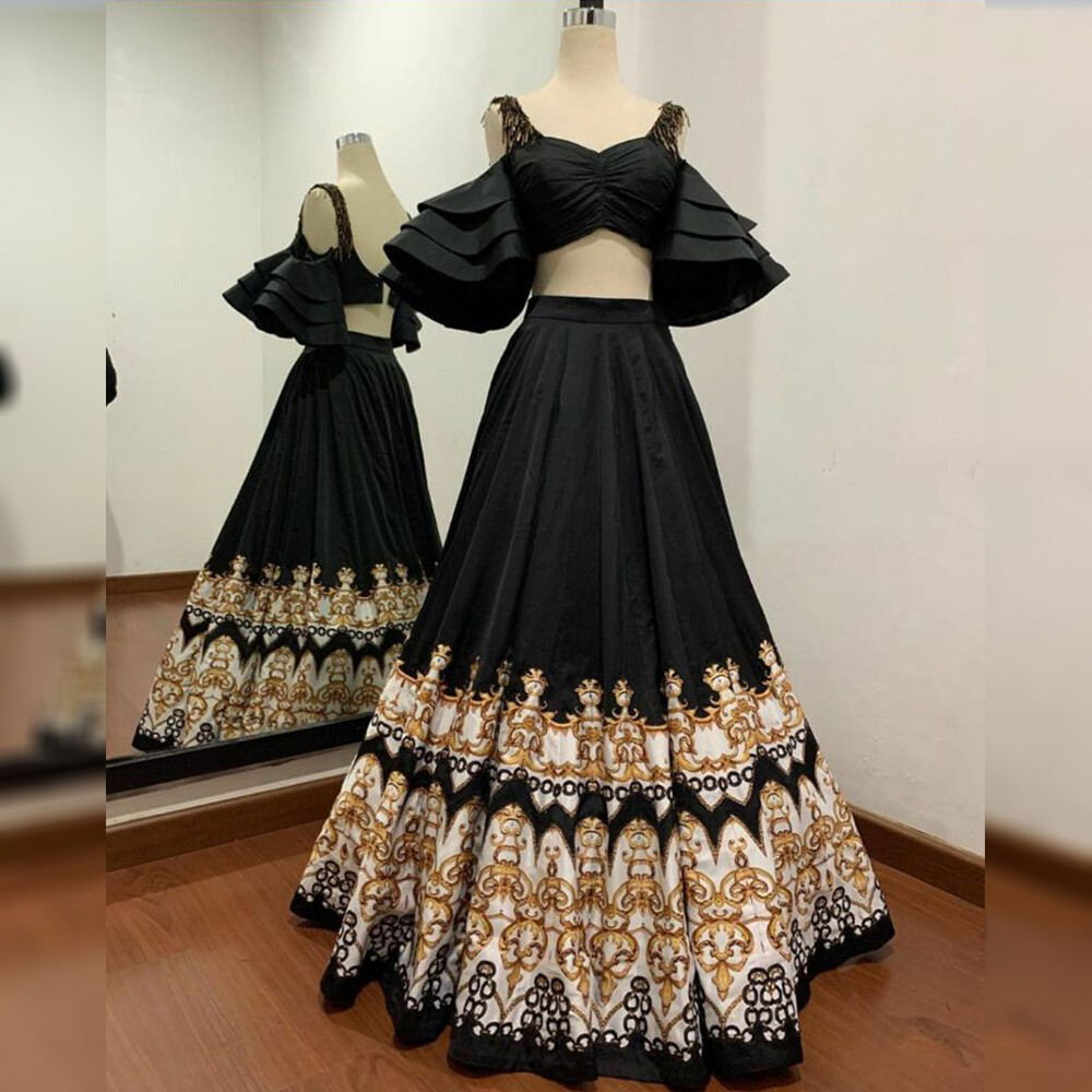 New Black Color Party Wear Crop Top With Lehenga