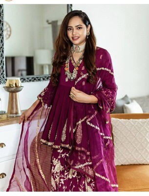 Latest Wedding Wear Wine Embroidered Sharara Suit