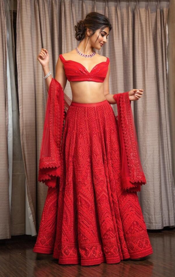 Pooja Hegde Looks Hot Red Wedding Lehenga Choli